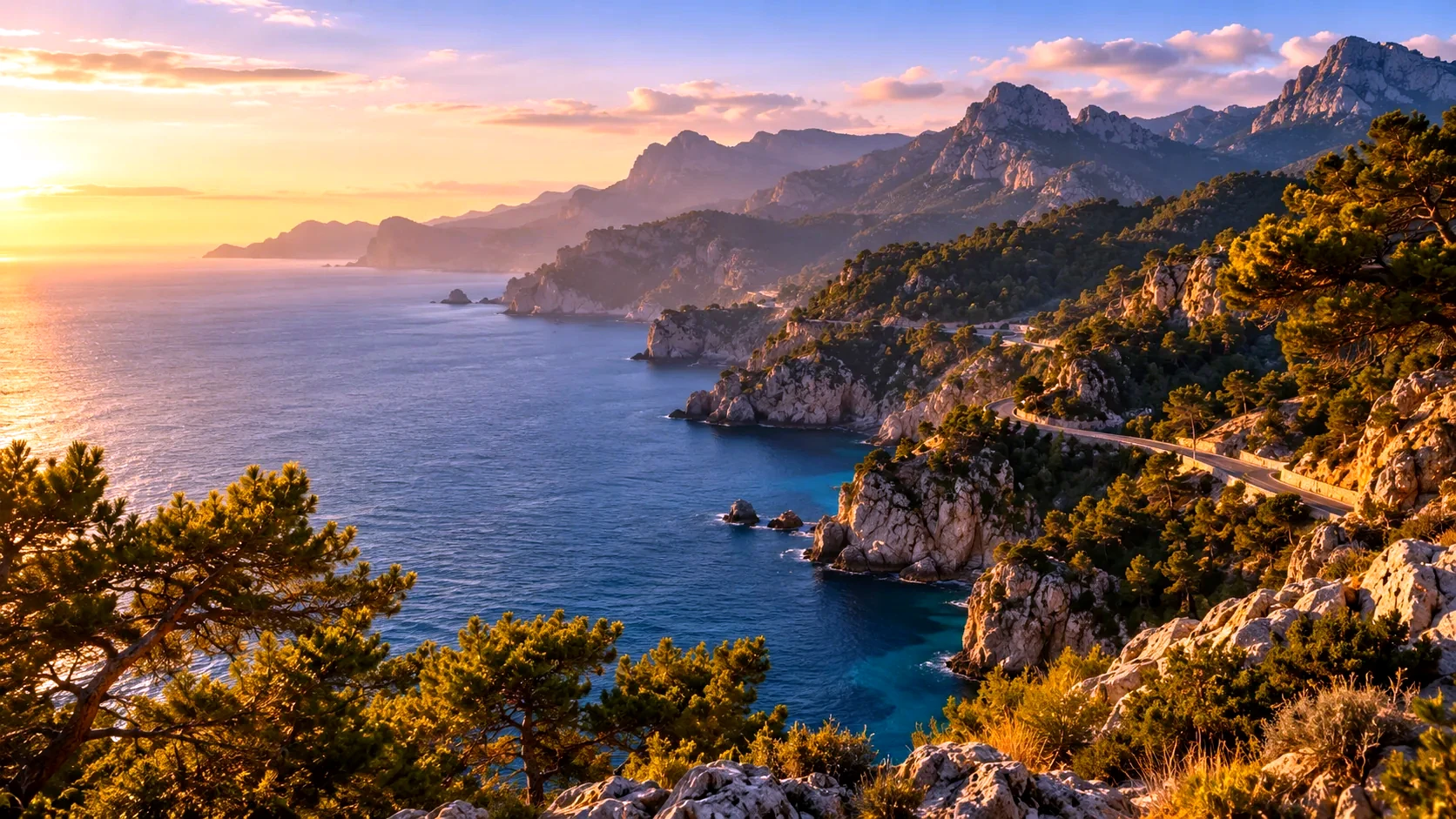 Illustrative golden-hour coastal scenery inspired by Mallorca: limestone mountains, pines and sea