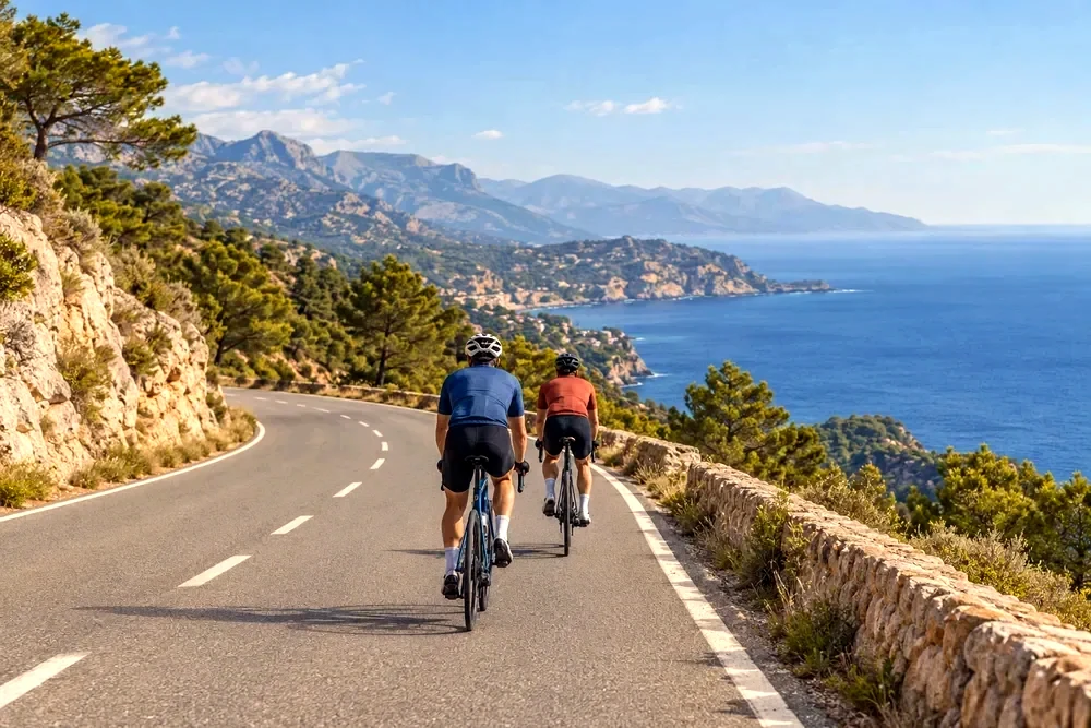 Two cyclists riding a winding Mediterranean coast road with sea and mountains beyond