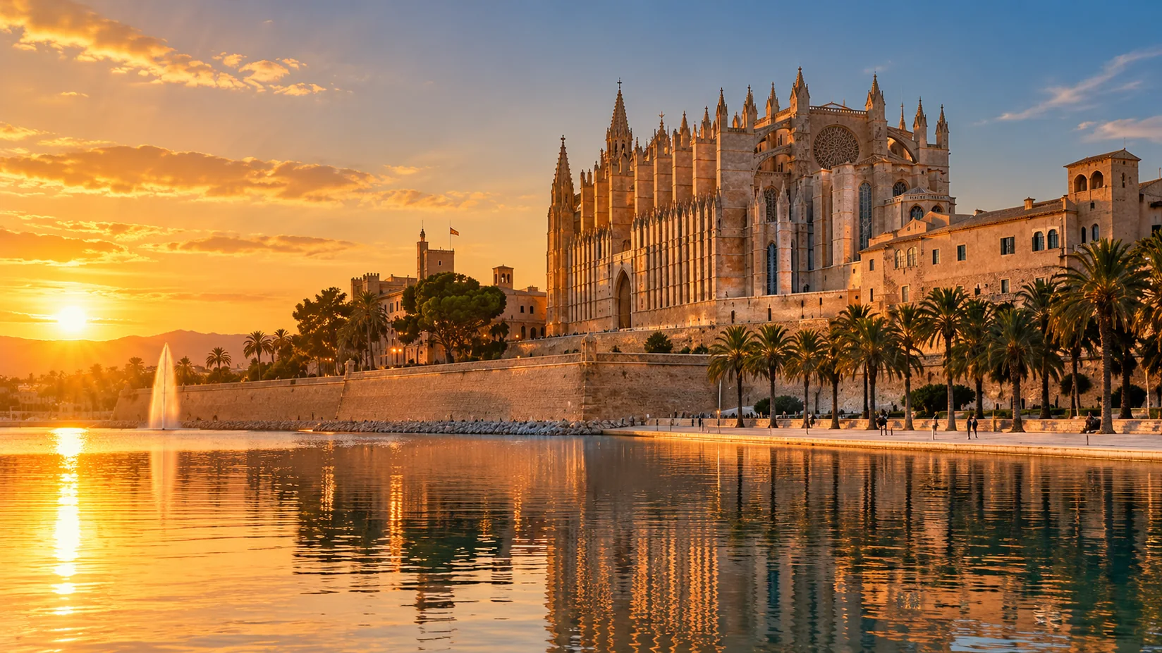 Illustrative golden-hour panorama of Palma cathedral and its historic waterfront